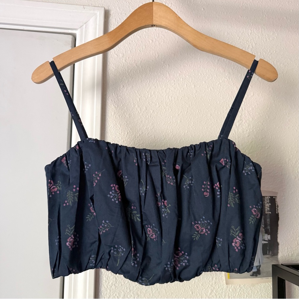 A BRONZE AGE navy blue floral cotton‎ ruched cropped tank top